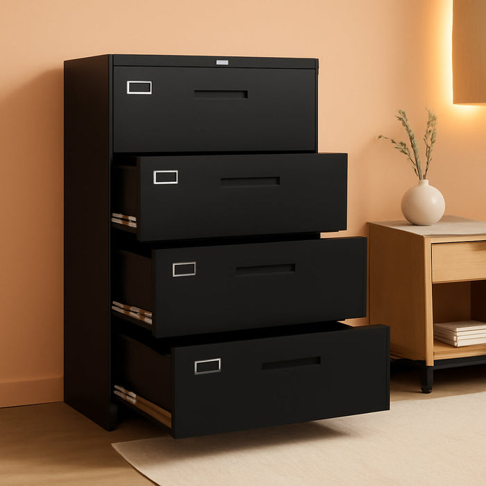 4 Drawer Filing Cabinet with Lock Metal Lateral File Cabinet Office Home Steel Lateral File Cabinet for A4 Legal/Letter Size Wide Metal Cabinet Locked,Assembly Required (4 Drawer, Black)