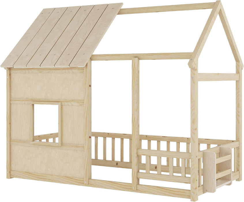 NaturalWood Montessori Twin House Bed Bookcase LED