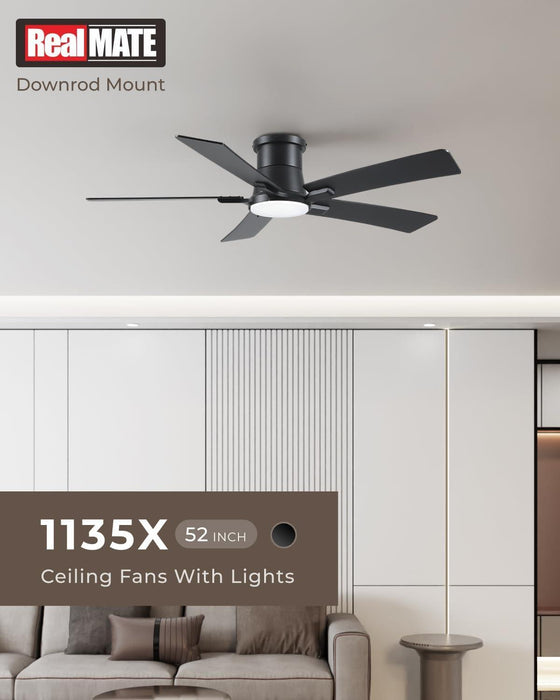52 Inch Ceiling Fans with Lights and Remote, Black Low Profile Ceiling Fan, Flush Mount Style with 5 Blades, for Indoor Bedroom Living Room/Outdoor, 6 Speed Reversible DC Motor, 3CCT Dimmable LED