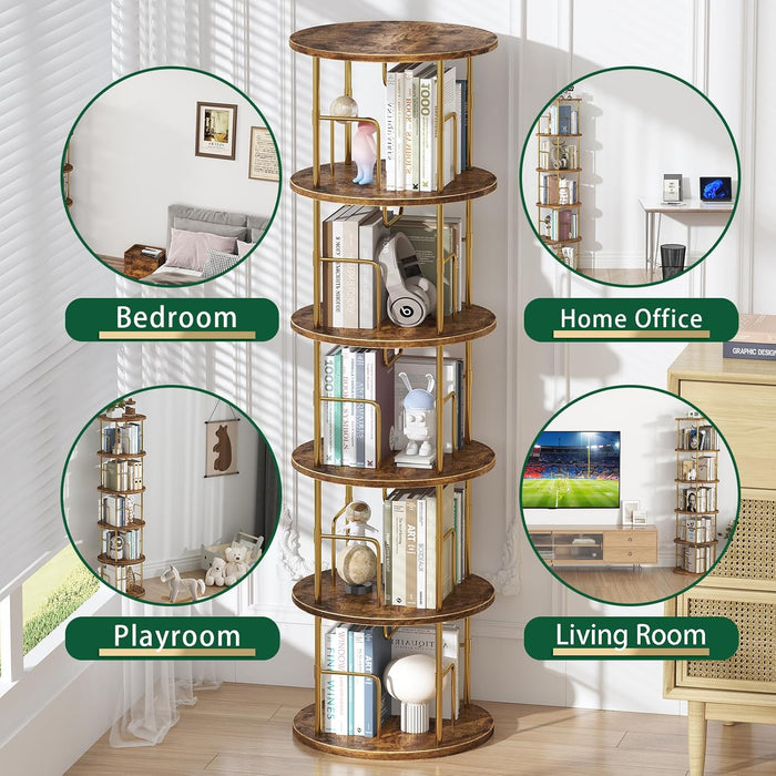 5Tier Rotating Bookshelf, 360 ° Display Stackable Spinning Bookshelf Tower,Round Space Saving Tall Floor Standing Swivel Bookcase Corner Storage Organizer for Bedroom/Living Room/Office，Gold