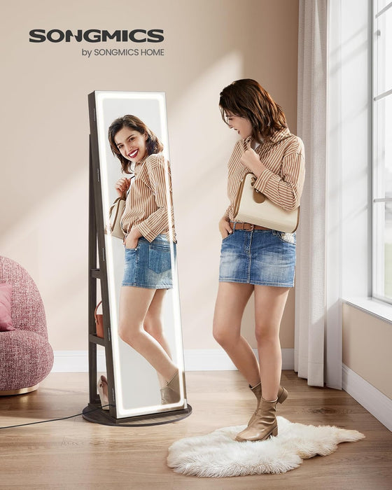 LED Mirror Jewelry Cabinet Standing, Lockable Jewelry Armoire with Full-Length Mirror and Adjustable LED Lights, Space-Saving Jewelry Organizer with Mirror, Gift Idea, Ash Brown UJJC008K02