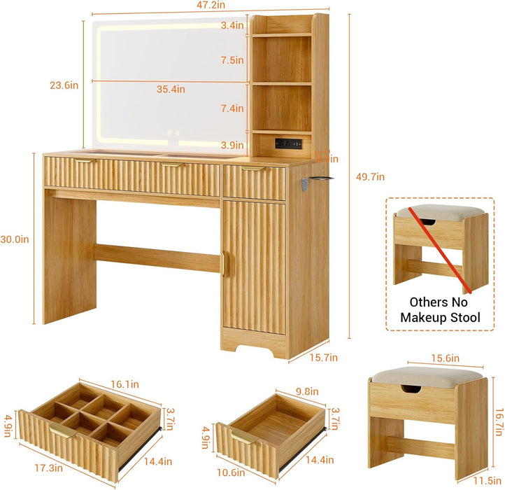 Fluted Makeup Vanity with 35.4" Mirror and Lights, 47.2" Large Makeup Vanity Desk with Stool, Dressing Table Set with Charging Station, 3 Drawers, Adjustable Shelves for Bedroom (Nature Oak)