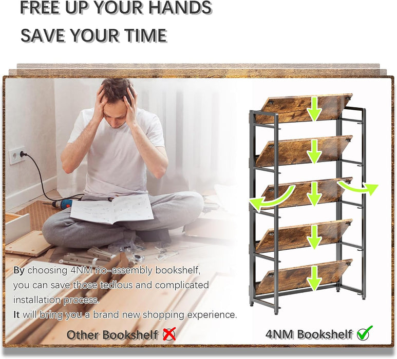 No Assembly Folding Bookshelf Book Shelves, 5-Tier 48"" H Collapsible Foldable Bookcase Storage Industrial Shelf for Living Room Bedroom Office