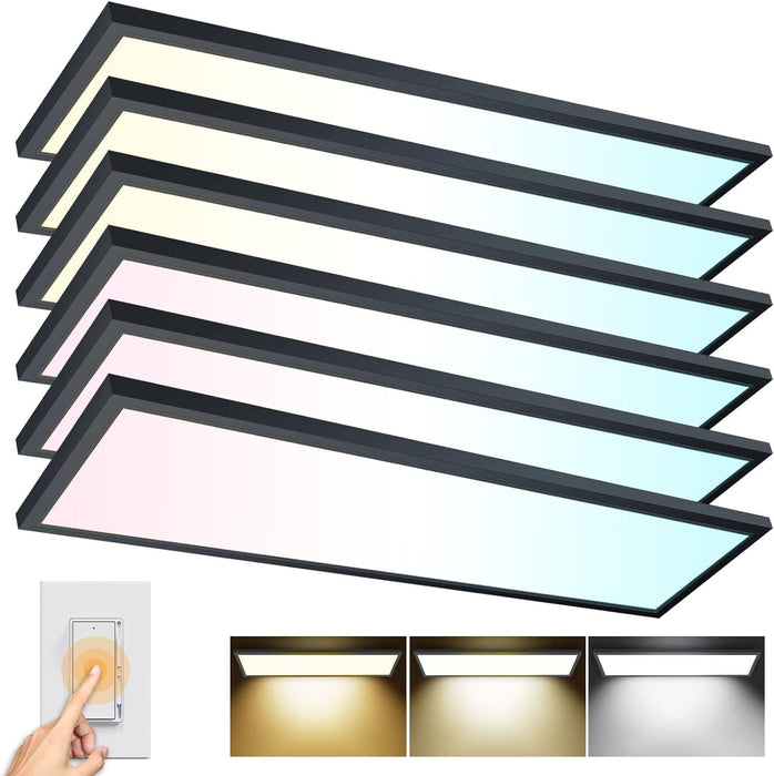 6 Pack 1X4 LED Flat Panel Light Surface Mount LED Ceiling Light, 5500LM 50W TRIAC 10-100% Dimmable, 3000/4000/5000K AC120V Kitchen Lights Ceiling Flush Mount for Garage/Basement Black