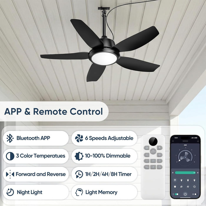 42 Inch Outdoor Ceiling Fan with Lights, IP65 Waterproof, APP & Remote Control, Dimmable 3CCT LED, 6-Speed Quiet DC Motor, Hanging Gazebo Fan Black Plug in Ceiling Fan with Cord for Patios Porch