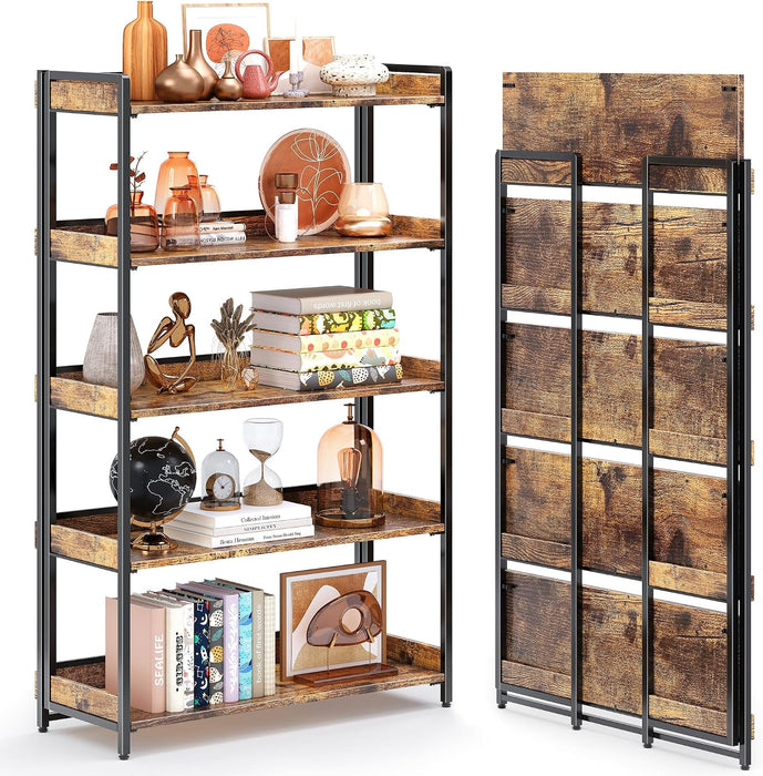 Extra Wdie No Assembly Folding Bookshelf, 64.3" H X 30.9" W, 5 Tier Collapsible Book Shelf Bookcase Foldable Shelves for Bedroom Living Room Home Office - Rustic Brown & Black