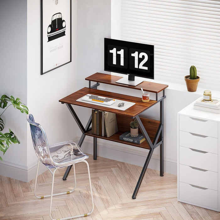 Small Desk, 27.5 Inch Small Computer Desk for Small Spaces, Compact Desk with Storage, Tiny Desk Study Desk with Monitor Stand for Home Office, Espresso