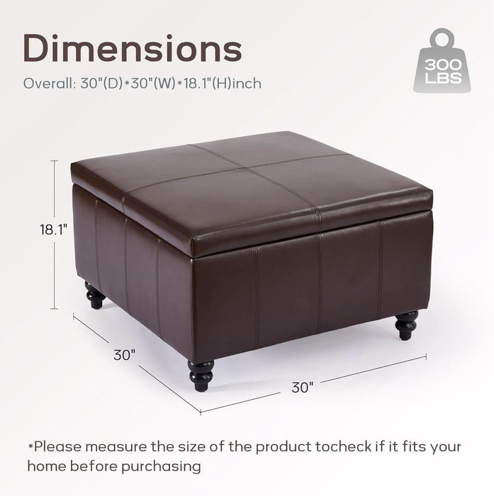 Square Leather Storage Ottoman,Ottoman Coffee Table with Storage for Living Room (Brown)