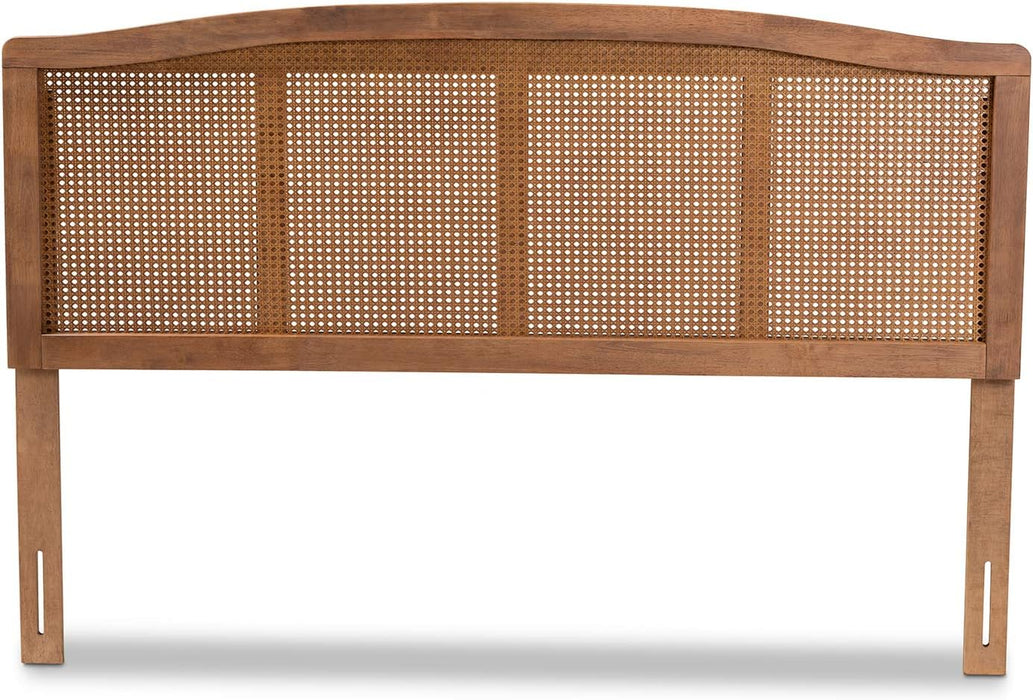 Marieke Mid-Century Modern Ash Wanut Finished Wood and Synthetic Rattan Queen Size Headboard
