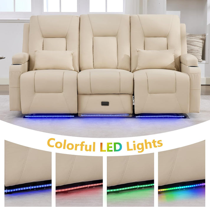 Power Loveseat Recliner Sofa with Middle Seat, Wall Hugger Dual Reclining 3 Seater RV Couch, Home Theater Seating with LED Lights, USB Ports, Power Outlets & Storage, Beige | Pet Friendly, Dual Reclining, Zero Gravity, Button Control