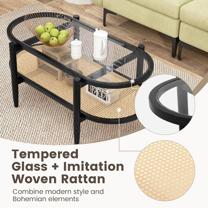 Rattan Coffee Table, 40”L Boho Oval Acacia Wood Cocktail Table with Tempered Glass Tabletop & PE Rattan Storage Shelf, 2-Tier Tea Center Table for Living Room Office Reception (Boho, Black)