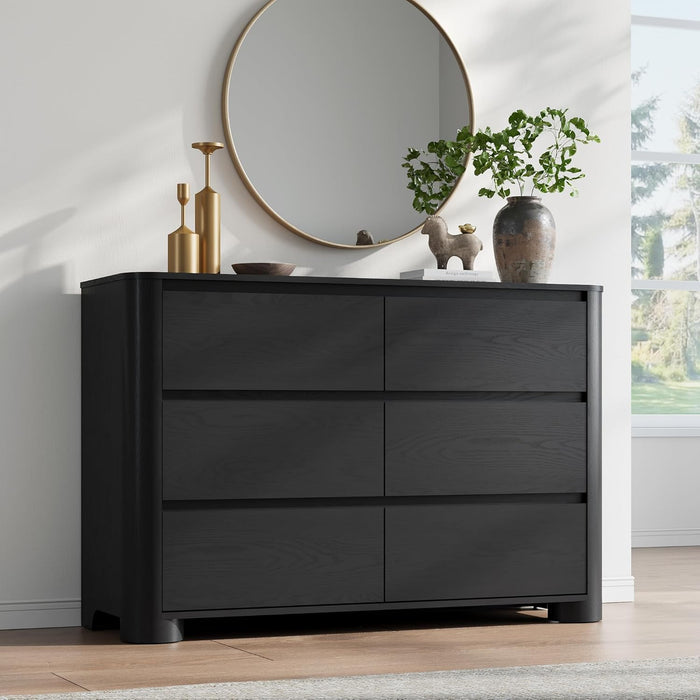 Black Dresser for Bedroom with 6 Drawers, 47" W Modern Chest of Drawers with Unique Thickened Foot, Rounded Corner Design, Wooden Dresser Organizer for Bedroom, Living Room, Hallway