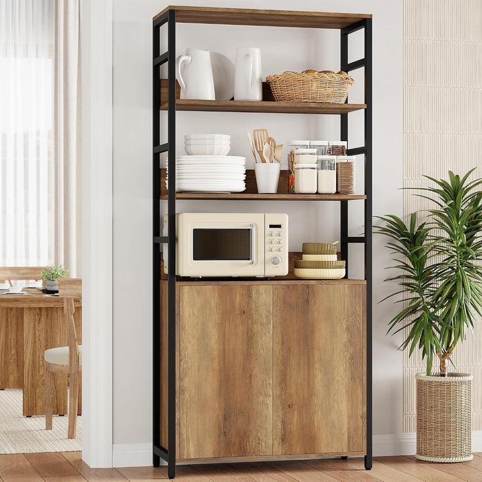 71" Tall Bookshelf with Doors and Adjustable Shelf, Brown | Industrial Display Standing Shelf Rack with 3-Tier Shelves, Bookcase with Protective Rails for Living Room, Office