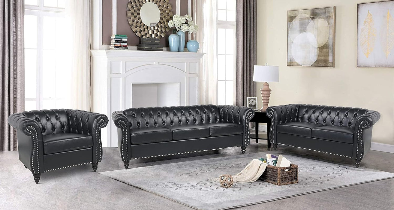 Modern 2 Pieces Living Room Sofa Set, Contemporary Tufted Button Faux Leather Chesterfield Three-Seater Couch and Accent Club Chair with Nailhead Trim Scroll Arms for Home Furniture (Black)