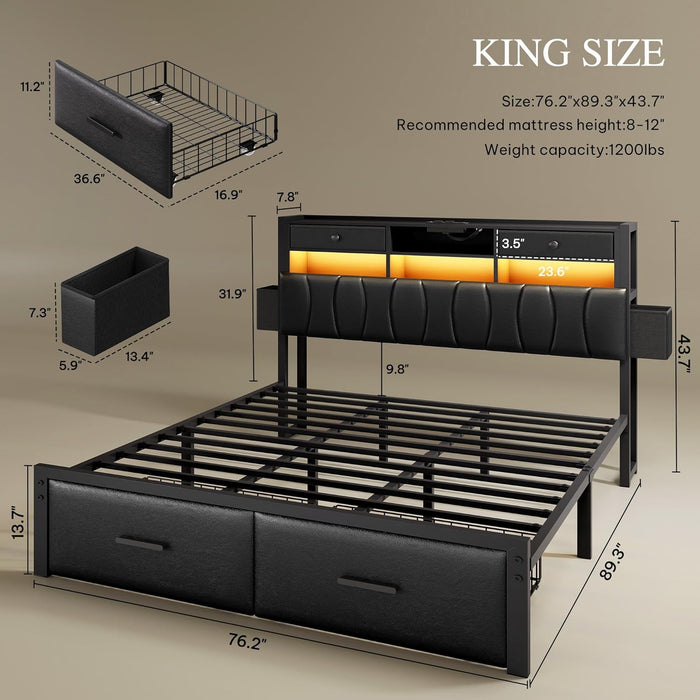 King Size with 2 Storage Drawers and Charging Station, Upholstered Bed with Storage Headboard and LED Light, Heavy Duty Metal Frame Support, No Box Spring Needed, Noise Free, PU Leather Black