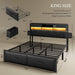 King Size with 2 Storage Drawers and Charging Station, Upholstered Bed with Storage Headboard and LED Light, Heavy Duty Metal Frame Support, No Box Spring Needed, Noise Free, PU Leather Black