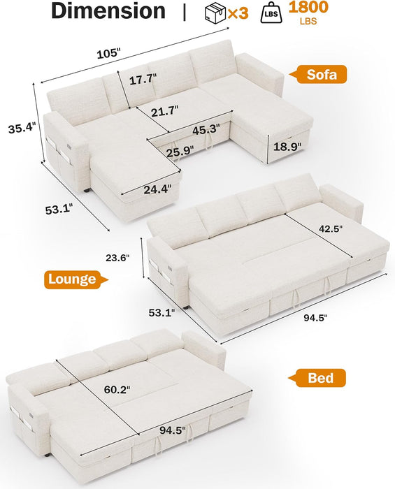 105Inch UShaped SectionalSofa With Pullout Bed Beige