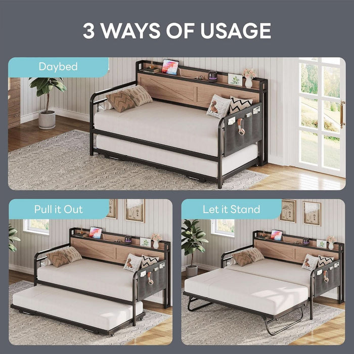 Twin Daybed with Trundle Bed, Storage Headboard with Charging Station, Sofa Day Bed with Strong Supports for Living Room, Bedroom, and Guest Room, Wood Color