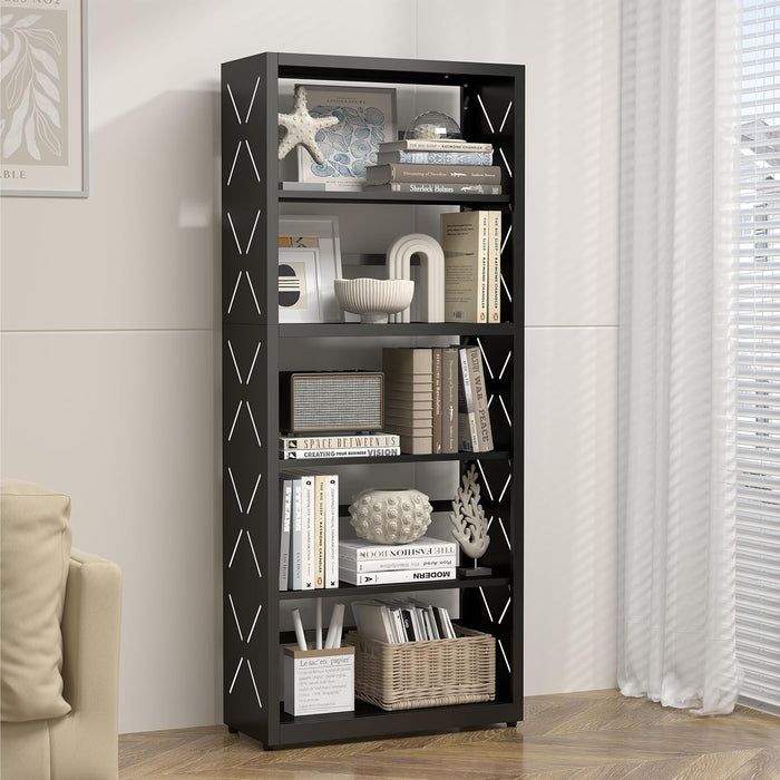 5 Tier Bookshelf, 55"Metal Display Book Shelf, Adjustable Bookcase | Black Bookshelf, Modern Utility Shelf, Tall Storage Shelves, Open Book Case for Office, Living Room, Kitchen, Study Room-23"W
