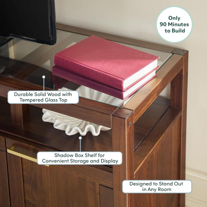 Isla Modern Solid Wood TV Stand with Tempered Glass Top and Shadow Box Shelf, 58 Inch, Walnut