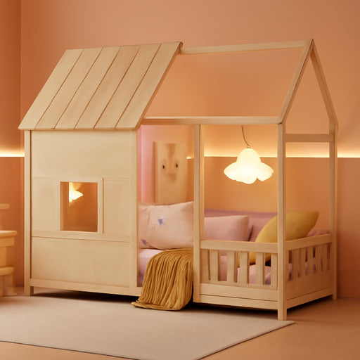 NaturalWood Montessori Twin House Bed Bookcase LED