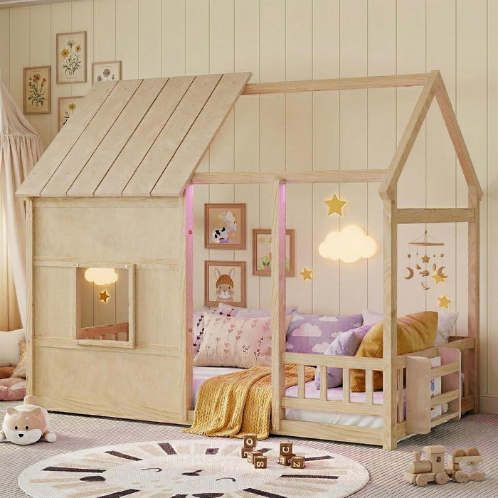 NaturalWood Montessori Twin House Bed Bookcase LED