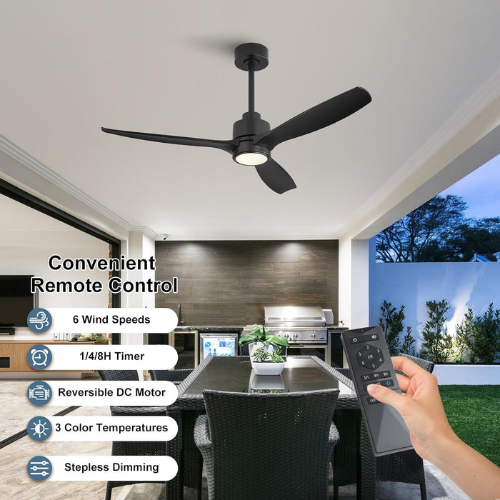 48" Outdoor Ceiling Fans with Lights, Wet Rated Waterproof Indoor Ceiling Fan with Remote, 3 ABS Blades Modern Ceiling Fan, 3CCT, Quiet 6-Speed DC Motor, for Porch Patio Bathroom, Black