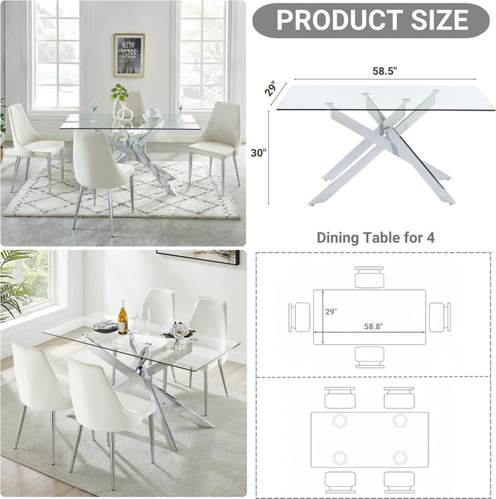58.5” Rectangle Glass Dining Table, Tempered Glass Tabletop and Metal Tubular Legs, Modern Style Table for Home, Kitchen, Dining Room 58.5”Lx29”Wx30”H, Silver