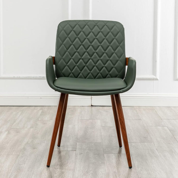Mid Century Modern Faux Leather Dining Chairs Set of 2, Green, Upholstered Seat, Metal Legs, Adjustable Foot for Kitchen Dining Room Desk Chairs