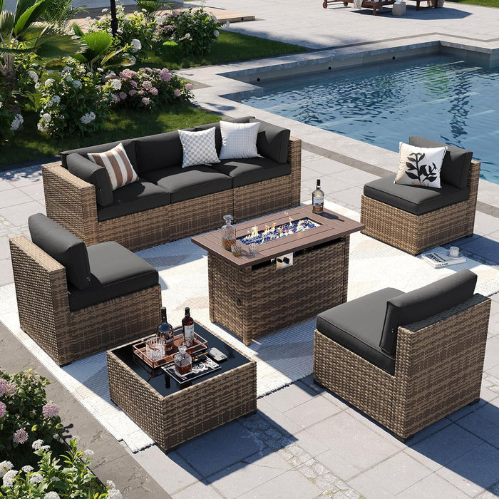 Patio Furniture Sets, 8-Piece Outdoor Patio Furniture with 44'' Propane Gas Firepit Table, Wicker Outdoor Conversation Set Sectional Sofa for Backyard, Poolside, Garden (Black Cushion)