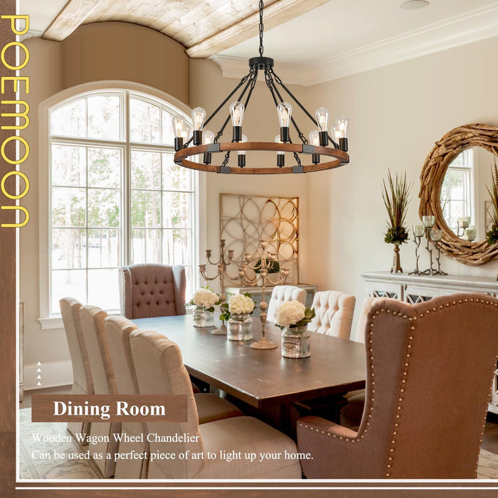 Farmhouse Wood Wagon Wheel Chandelier 12-Light 31.5" Light Fixture