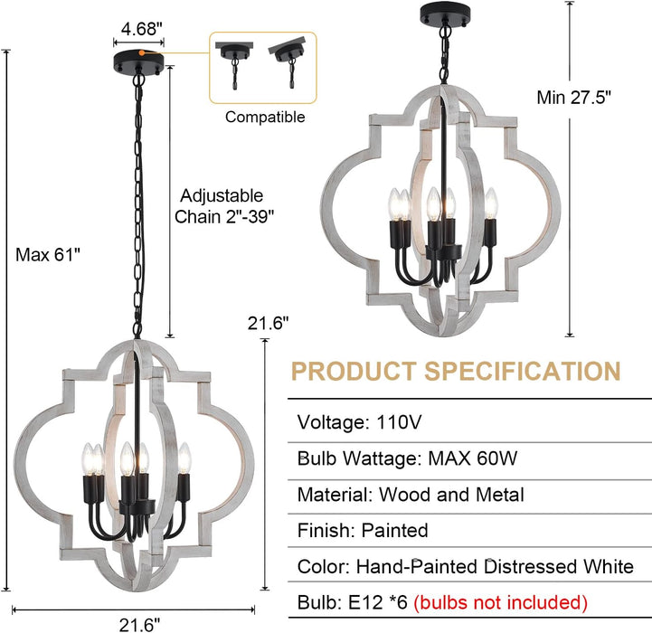 21 Inch Farmhouse Distressed White Wood Chandelier