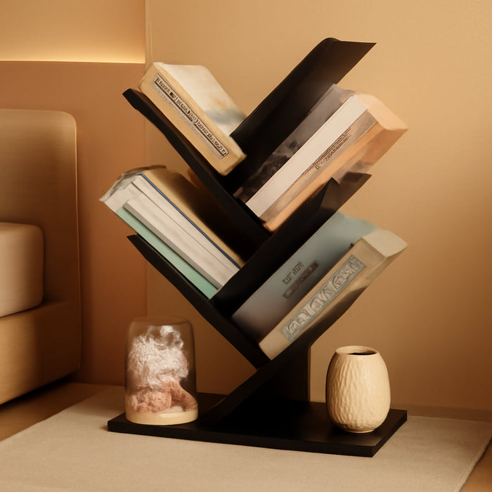 4 Tier Tree Bookshelf, 4 Shelf Bookcase, Free Standing Tree Bookcase, Display Floor Standing Shelf for Books, Book Organizer Shelves for Home Office, Living Room, Bedroom, Black