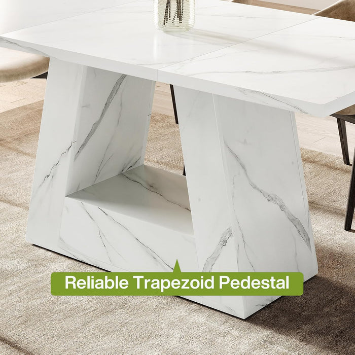 63" Modern Faux Marble Dining Table for 6, Rectangle, White | Kitchen Table, for 4-6 People, MDF, Faux Marble Finish, Heavy Duty Pedestal, for Dining Room, Kitchen, Living Room, White