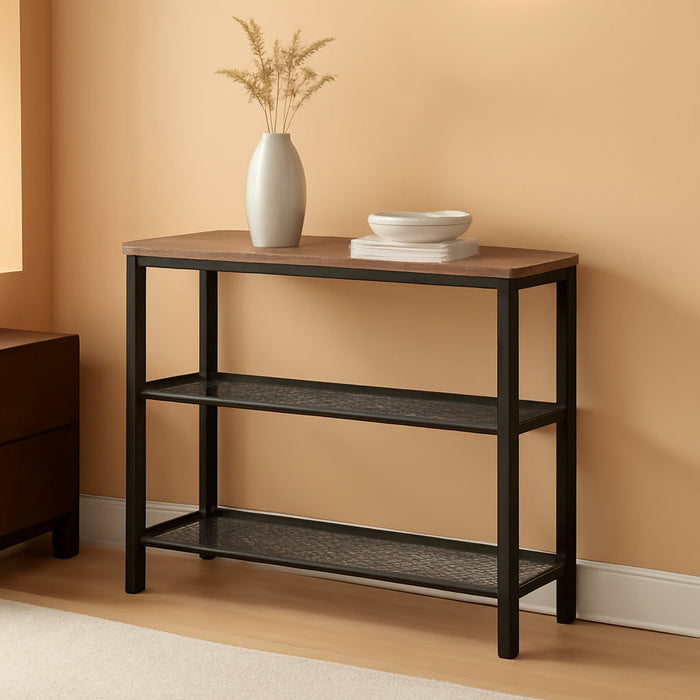 40" Industrial Console Table, 3 Tier Entryway Table with Storage Shelf, Narrow Sofa Table for Living Room, Hallway, Entrance Hall, Corridor, Bedroom, Greige and Black ULNT081B02