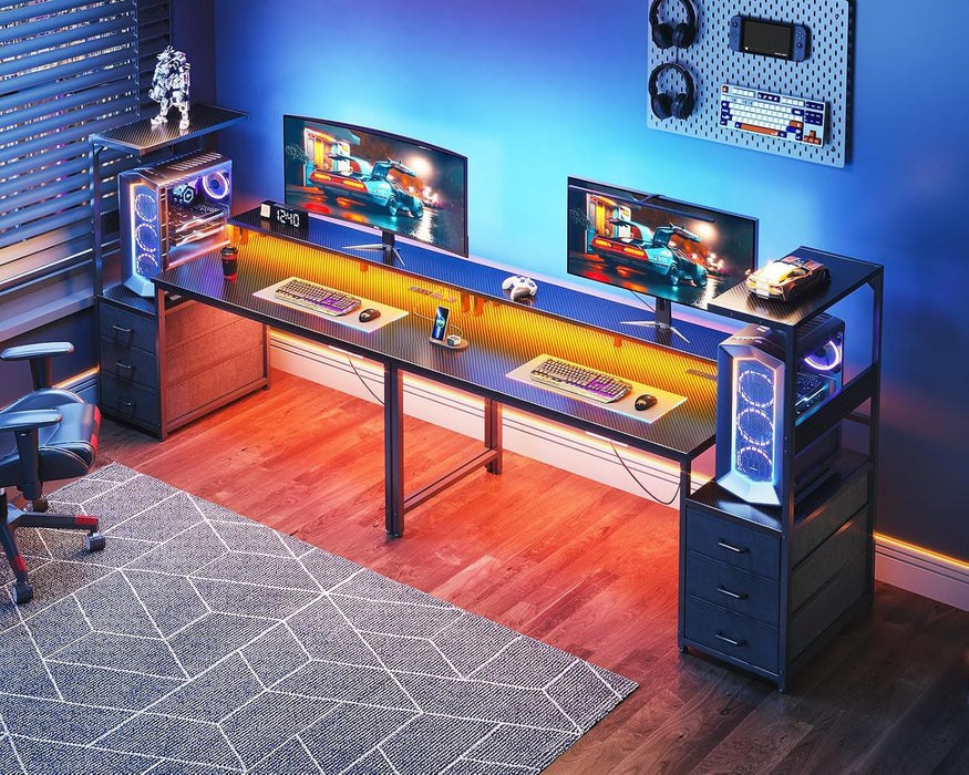 59 Inch Gaming Desk with USB Charging Ports & LED Light- Reversible Computer Desk with Storage Shelves & Monitor Stand, Modern Gamer Desk Table with Fabric Drawers & Side Hook, Carbon Fiber Black