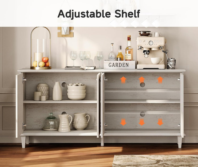 65" Modern Farmhouse TV Stand with Handcrafted Patchwork Doors for 55-75" Tvs, Entertainment Center Console with Cable Management, Adjustable Shelves Storage for Living Room, Pale Oak