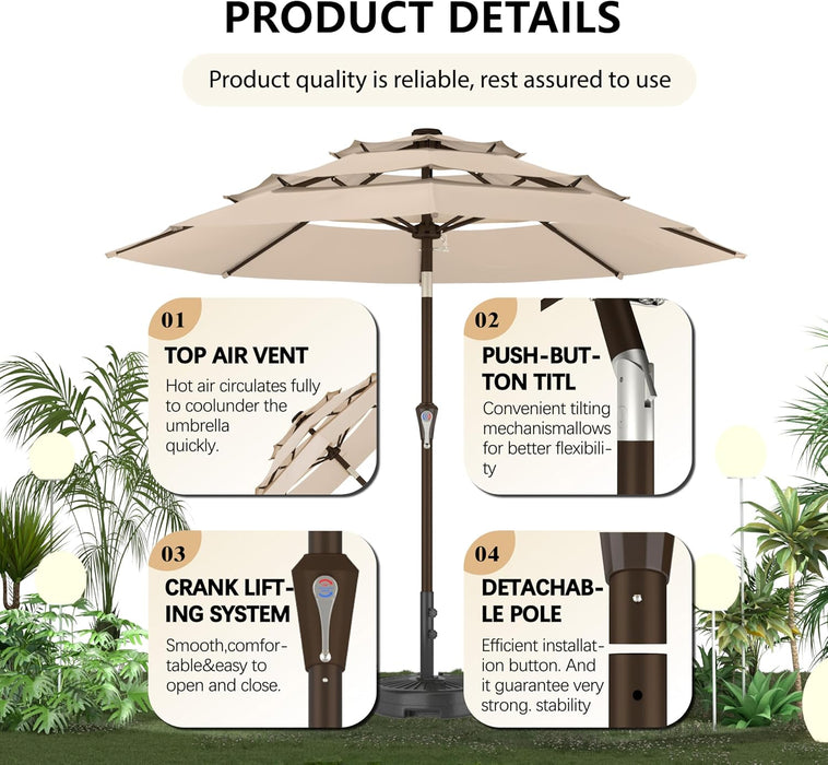 9FT 3-Tier Large Outdoor Patio Umbrella Market Table Umbrella-Uv Resistant,Easy Push Button Tilt and Crank,8 Sturdy Fiberglass Ribs Heavy-Duty Pool Umbrella for Deck,Backyard,Garden,Yard,Beige