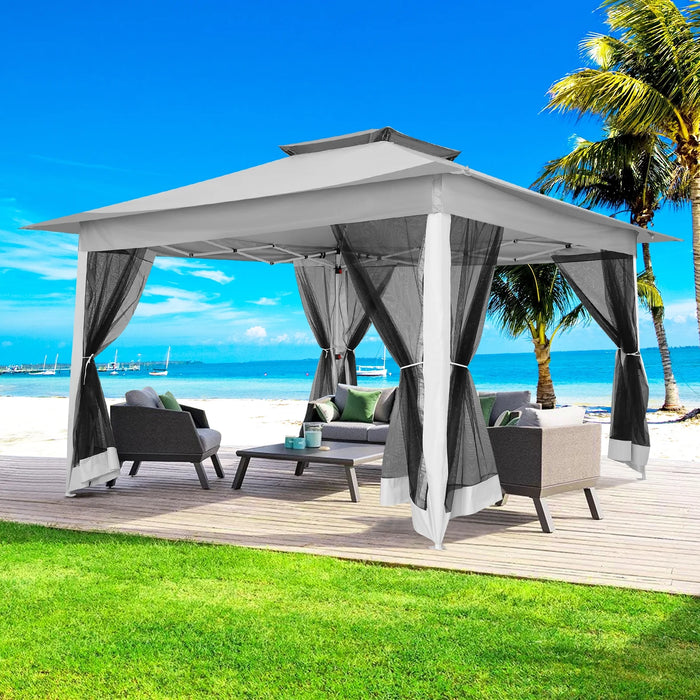 12X12Ft Outdoor Pop up Gazebo with Mosquito Netting, Instant Patio Canopy Tent for Shade and Rain, 2 Tiered Vente Gazebo Canopy for Garden Backyard with Carry Bag&4 Sandbags