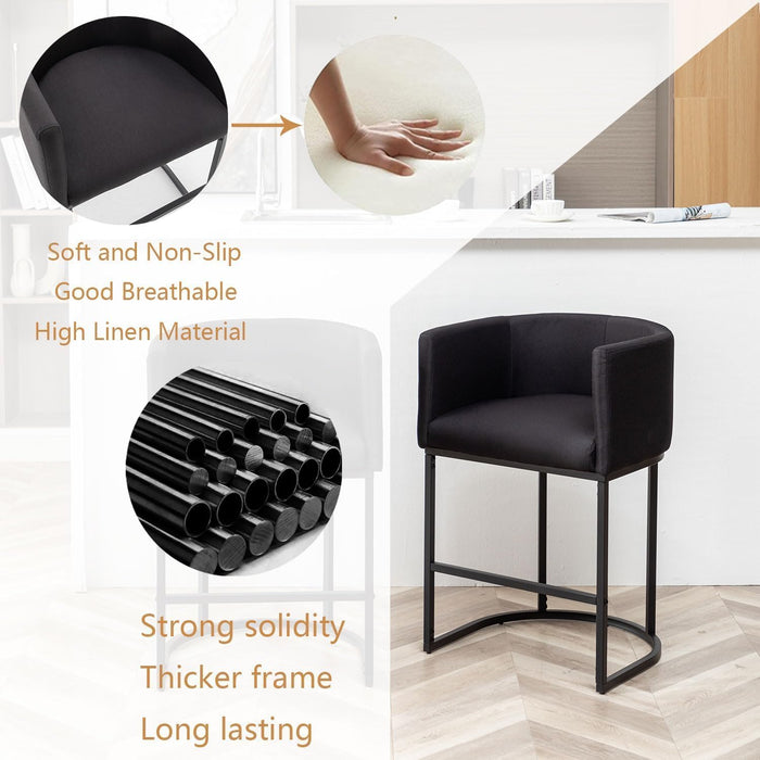 Counter Height Bar Stools Set of 3, Modern Bar Stool with Back, Barrel Bar Chairs with Metal Frames, Upholstered Barstools for Kitchen Island, Pub, Club (Black)