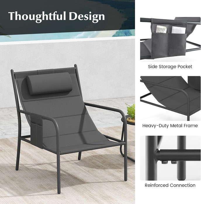 3 Piece Outdoor Bistro Set, Patio Metal Chair & Coffee Table, Breathable Seat Fabric & Cozy Headrest, Metal Conversation Set for Yard, Front Porch, Poolside (Gray)