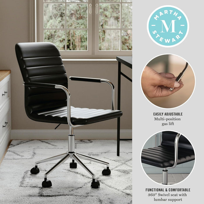 Taytum Swivel Task Chair with Armrests for Home Office in Black Faux Leather with Polished Nickel Frame
