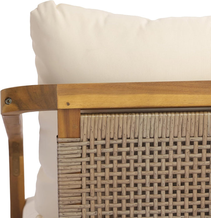 Kai 4 Piece Patio Furniture Set with Slatted Coffee Table, Outdoor Sofa Set with PE Wicker Backrest & Cushions, Acacia Wood Conversation Set for Backyard,Cream+Light Brown+Teak