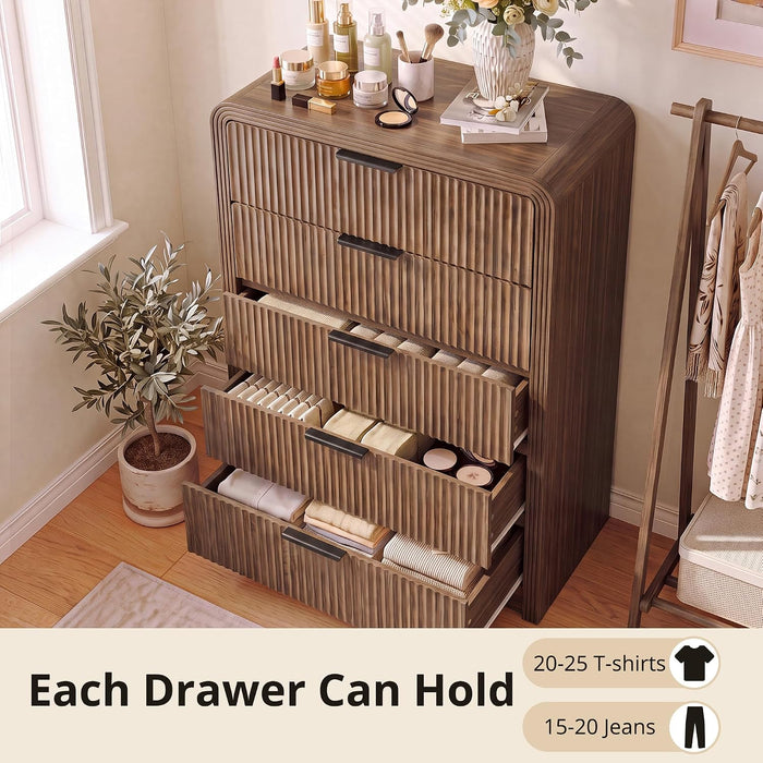 Fluted Wood Dresser 5 Drawers 48" Tall Curved Modern Chest Organizer