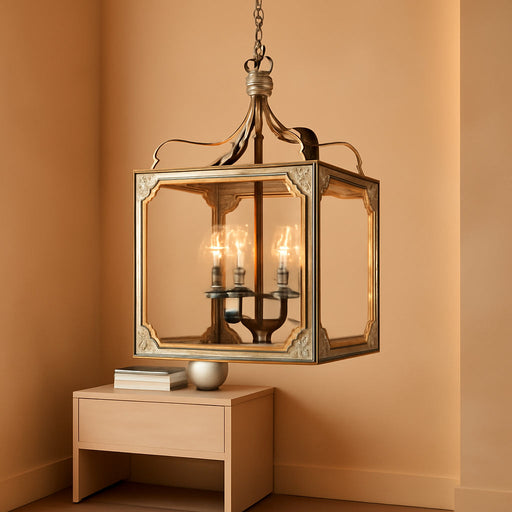 French Country Chandelier 4-Light Lantern Pendant Lighting Square Wood Metal Chandeliers Hanging Light Ceiling Light Fixtures in Antique Gray & Antique Gold
