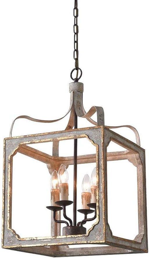 French Country Chandelier 4-Light Lantern Pendant Lighting Square Wood Metal Chandeliers Hanging Light Ceiling Light Fixtures in Antique Gray & Antique Gold