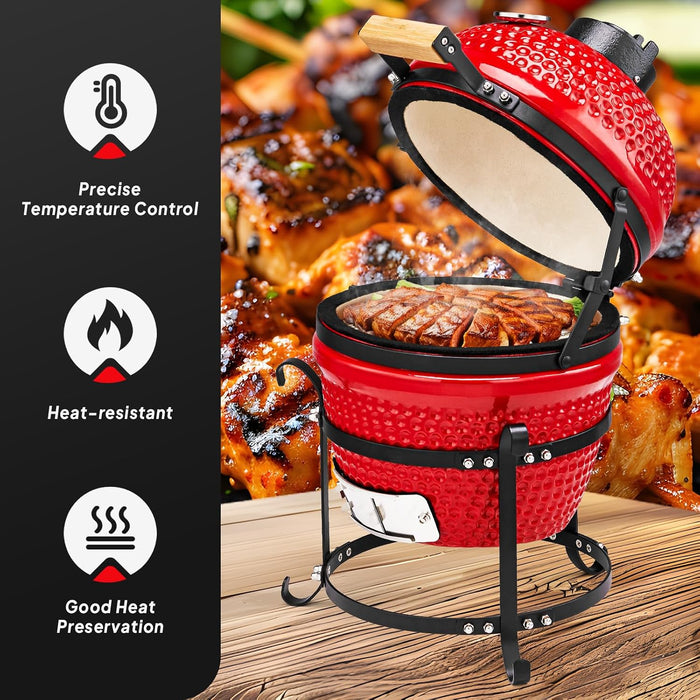 13IN Red Spherical Ceramic Charcoal Grill with Inner Liner, Portable BBQ Smoker for Outdoor Cooking, Camping, and Backyard Grilling