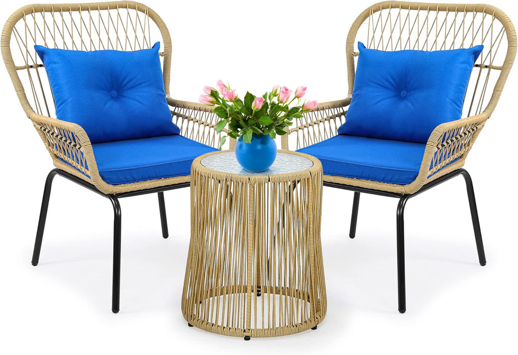 3-Piece Outdoor Patio Furniture Wicker Bistro Set, All-Weather Rattan Conversation Chairs for Backyard, Balcony and Deck with Soft Cushions, Glass Side Table (Light Brown+Navy Blue)