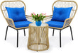 3-Piece Outdoor Patio Furniture Wicker Bistro Set, All-Weather Rattan Conversation Chairs for Backyard, Balcony and Deck with Soft Cushions, Glass Side Table (Light Brown+Navy Blue)