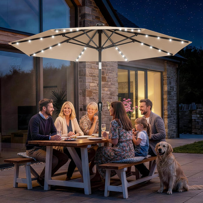 9FT Patio Umbrella with Solar Lights, 32 Lighted Pool Umbrella W/Tilt and Crank, Outdoor Market Solar Umbrellas for Garden, Deck, Backyard, Pool and Beach, Beige